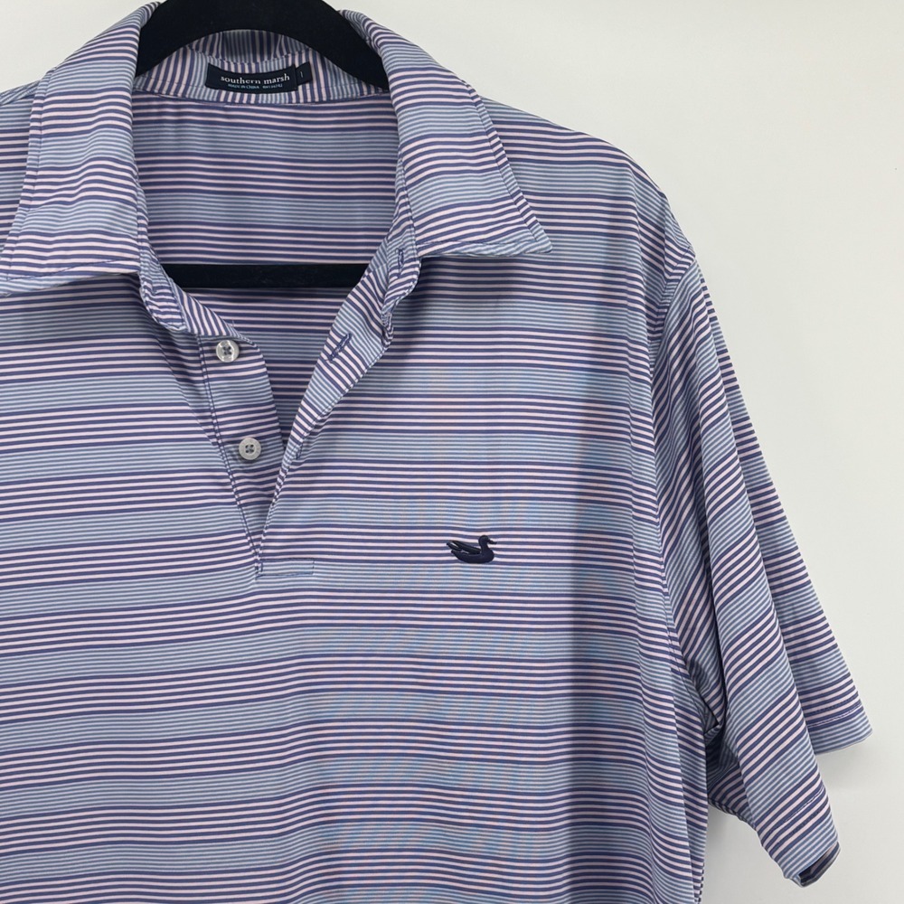 Southern Marsh Men L Striped Performance Polo Golf Shirt Blue Purple SUNR914-10